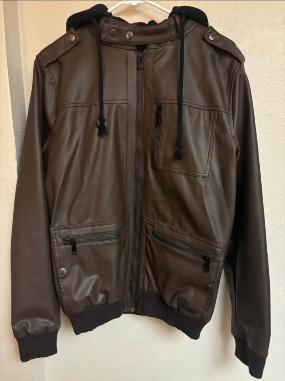 KR3W Men’s Faux Leather Brown Bomber Jacket - Size Small